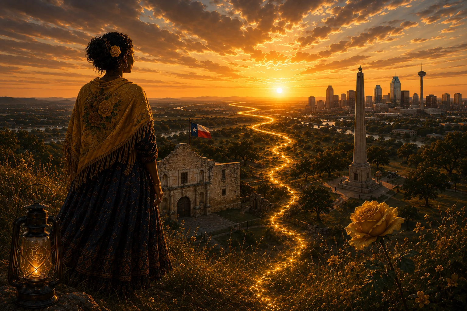 The Yellow Rose keeps the watch — Emily West above the Alamo and the San Jacinto monument