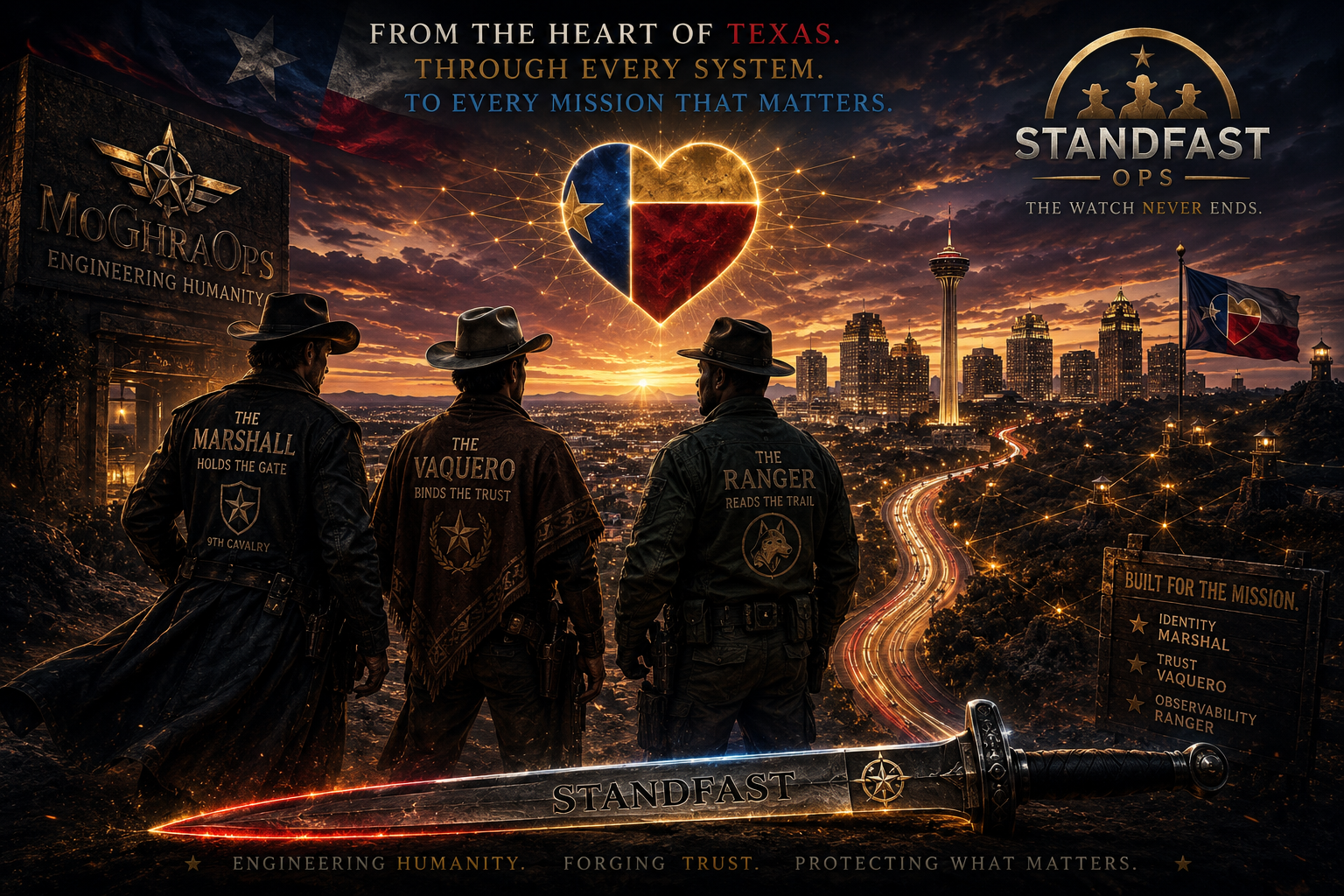 From the heart of Texas — Marshal, Vaquero, and Ranger stand watch over San Antonio. The Watch Never Ends.